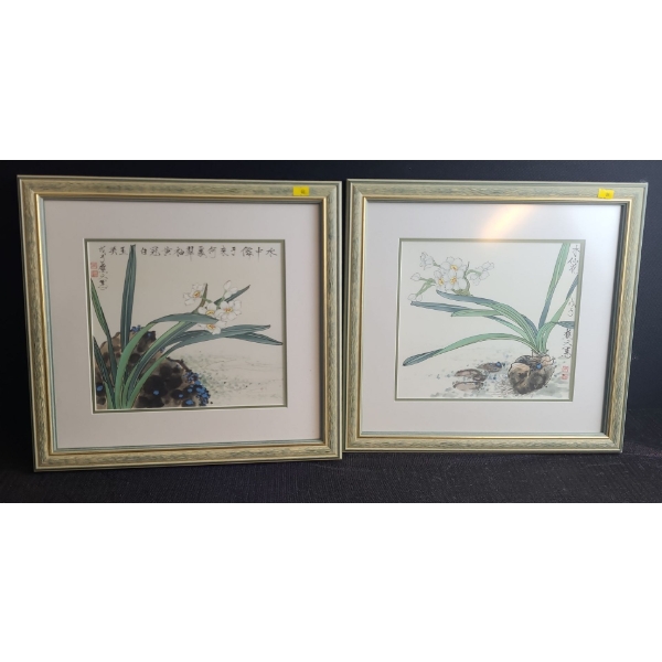 Two Asian Flower Prints, Framed Under Glass, 17 X 16