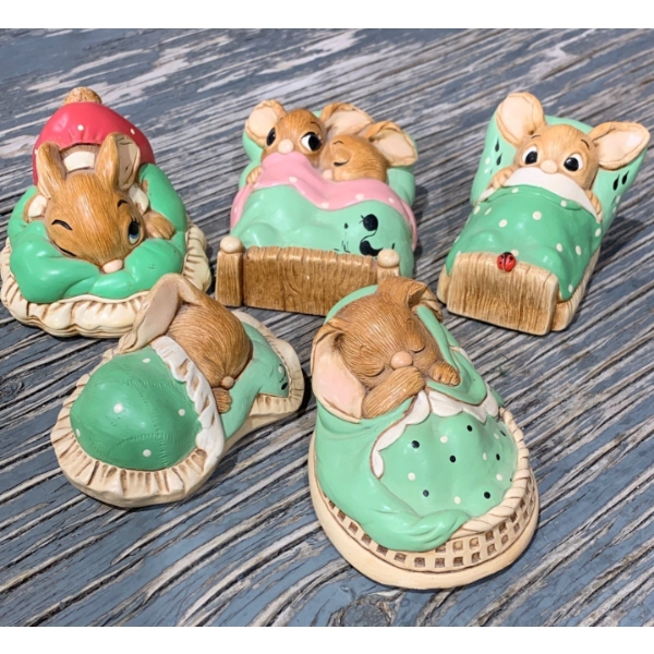 Pendelfin Green Sleeping Rabbits (Largest is 4" Long): 'Snuggles', 'Twins', 'Wakey', 'Dodger'