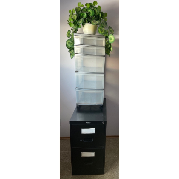 Black Medium Sized Filing Cabinet with Plastic Storage Dresser on Wheels