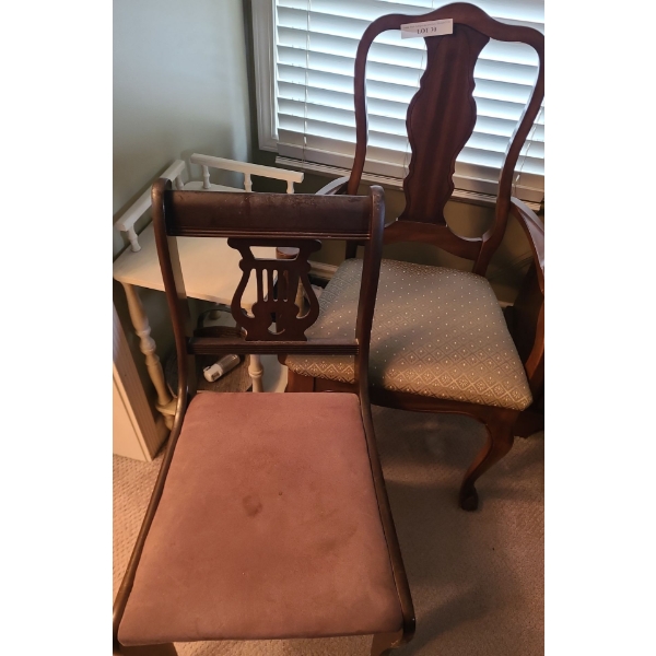 Green Upholstered Dining Room Chair  22 w 38 1/2 h. Small Wood Table 12 1/2 w 26 h