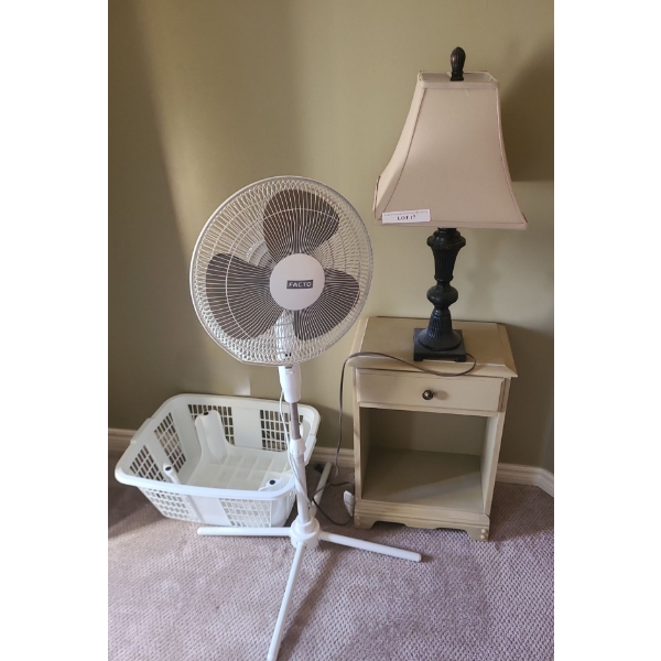 Wood Nightstand 19 w 18 1/2 h & Decorative Lamp 29 h & Factor Pedestal Fan