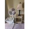 Image 1 : Wood Nightstand 19 w 18 1/2 h & Decorative Lamp 29 h & Factor Pedestal Fan