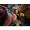 Image 2 : Marble fruits and vegetables, basket with plastic vegetables, chili pepper dish, and a vintage clay 