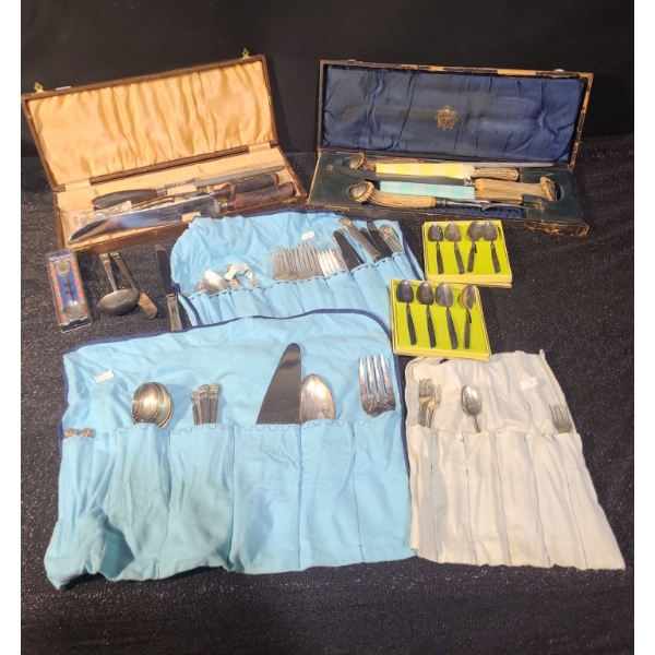 Horn Handled Carving Sets w/ Storage Boxes, Collector Spoons, Assorted Cutlery: 1847 Rogers Bros. 