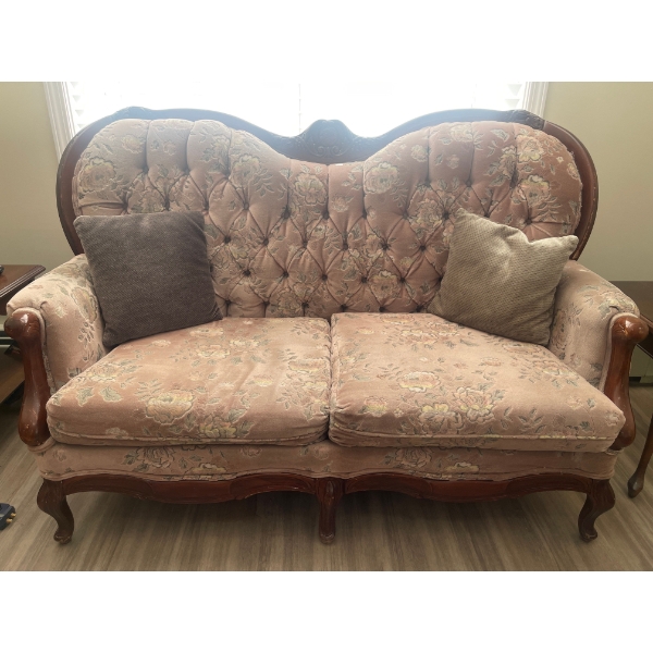 Art Nouveau Mahogany Couch With Carved Floral Accents 79 x 29 x 39H