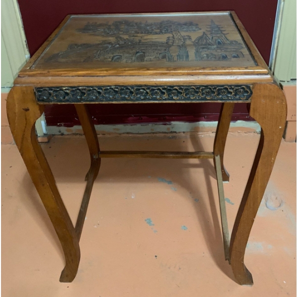 Wooden Table with Oriental Carved Scene Under Glass 22 T, 18 L, 13 W