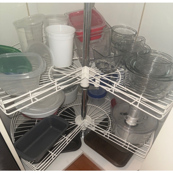 Lazy Susan Cupboard Contents - PYREX Mixing Bowls Loaf Pan Air Tight Containers & More