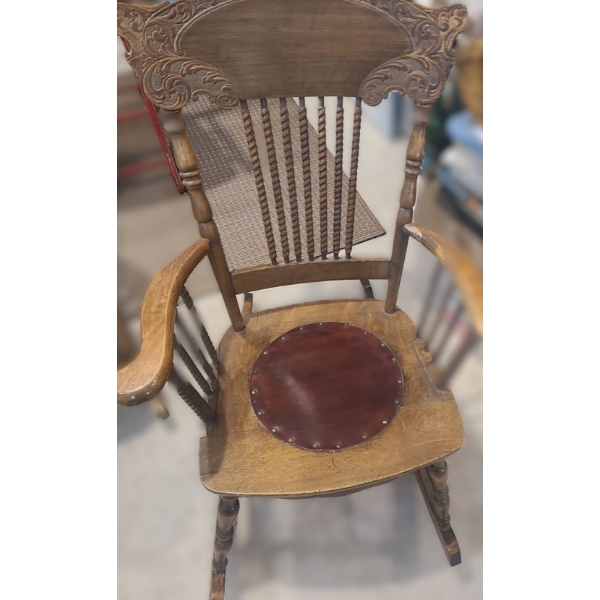 Vintage Carved Lion Head Rocking Chair w Leather Seat Insert & Spiral Spindles 25 w 31 d 36 h