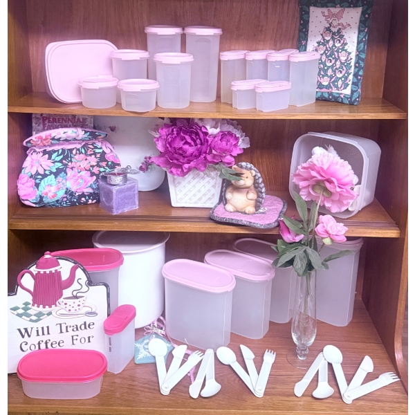 Tupperware Clear Storage Containers With Pink Lids and White Cutlery Set