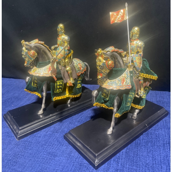 Two Mounted French Knights On Horses 14" tall