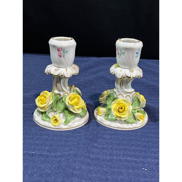Pair Vintage of Herend Porcelain 5H Candle Holders Yellow Rose Motif