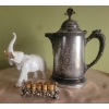 Image 1 : Silver Plated  Brass Teapot (Hinge Needs Repairs), Ceramic Elephant, and Metal Lipstick Holder 