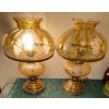 Image 3 :  Hollywood Regency Style Amber Glass Hurricane Table Lamps w/Brass Base(20"tall)