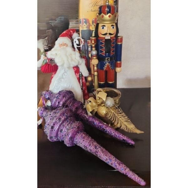 Nutcracker 24 T, Santa 17 T, Giant Purple Ornaments, Glass Jar w/ Mini Lights 