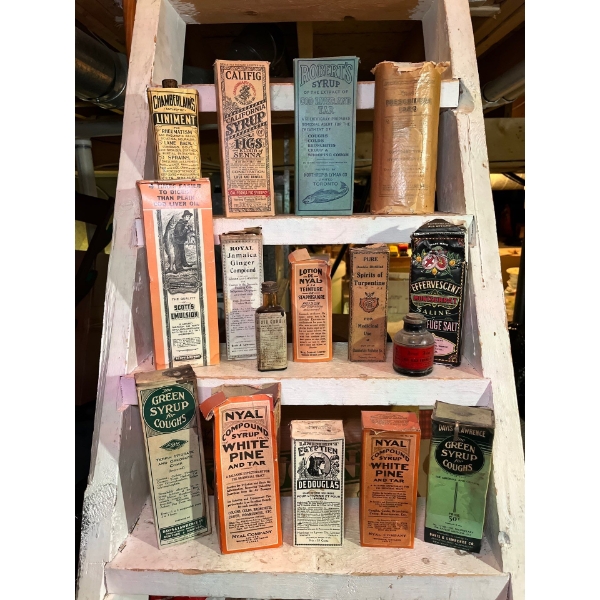 amazing variety of vintage remedies. Robert’s syrup, California, chamberlain’s, royal Jamaica ginger