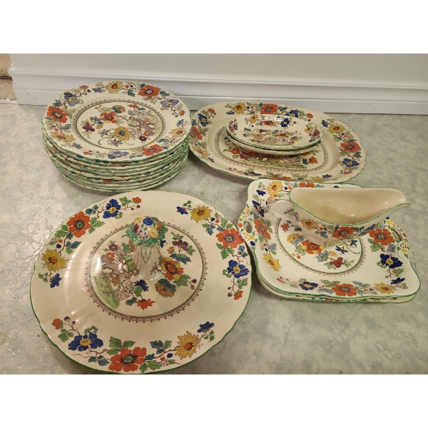  "Mason's Ironstone China" floral pattern (plates, serving dishes, bowls, teacups, not complete set)