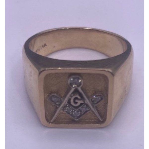 One Gent's Masonic Diamond Ring  14K YG; Ring Weighs 14.6g 