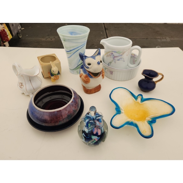 Vintage Japan Planters, Swirled Glass Vase, Bake and Serve Ware and Assorted Pitchers and Glass Art