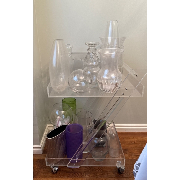 Plastic Cart (31T) w/ Assortment of Glass/Plastic Vases 