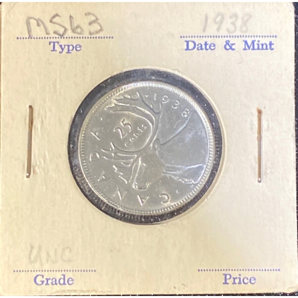 1938 MS63 UNC Canadian Quarter 80% Silver