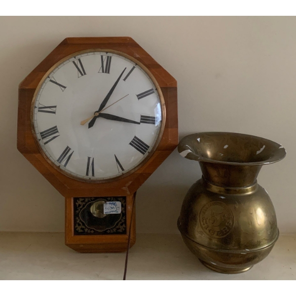 Vintage Electric Wall Clock 19T w/ Pendulum & Brass Urn 