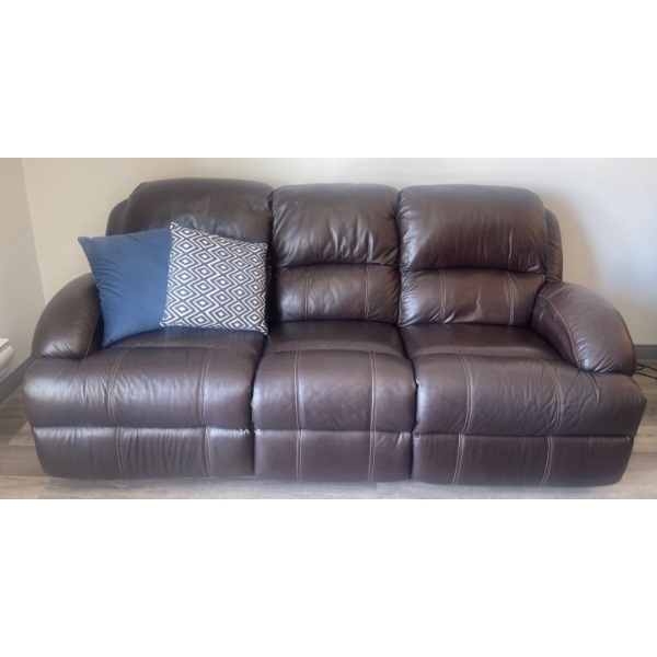 Leon's Brown 3 Seater Reclining Leather Sofa w/Cushions  84"w x 40"d x 31" tall
