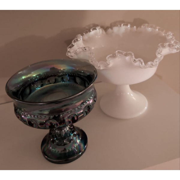 Indiana Carnival Glass Pedestal Dish in 'Kings Crown' w/ Fenton Silver Crest Milk Glass Compote 