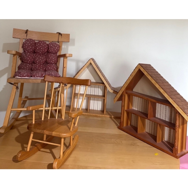 Wooden Playhouse - Stunning Wooden Playhouses (Lg is 23.5W, 15T) + Rocking Chairs (Lg 14W, 25L, 25T)