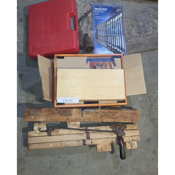 Variety of Wrenches, Router Bits, Alltrade Socket Set, Planners, Table Slide & more