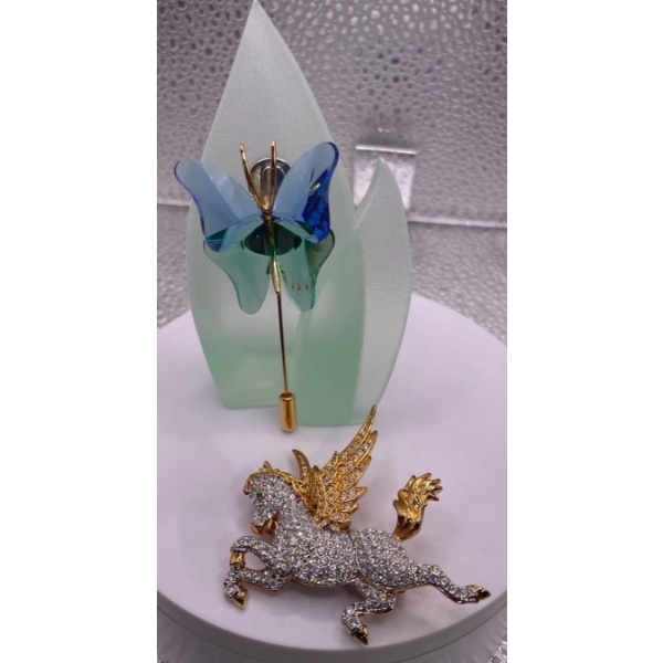 Swarovski Crystal 2 Broch's Pegasus and Butterfly with Stand 