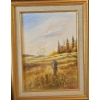 Image 4 :  Landscape Painting Featuring A Rustic Wooden Fence Post With Barbed Wire In A Field During Autumn.