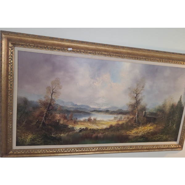 Landscape Painting w/ Gold Leaf Frame 54 X 31, Signature Illegible