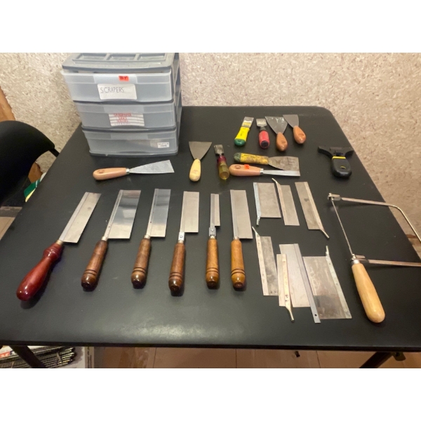 Large Selection of precision saws and blades, Scarpers, Chisels, Storage Case.