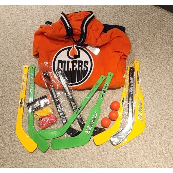 BRAND NEW Oilers Hockey Sockey Onesie, SZ L with Mini Floor Hockey Bundle!