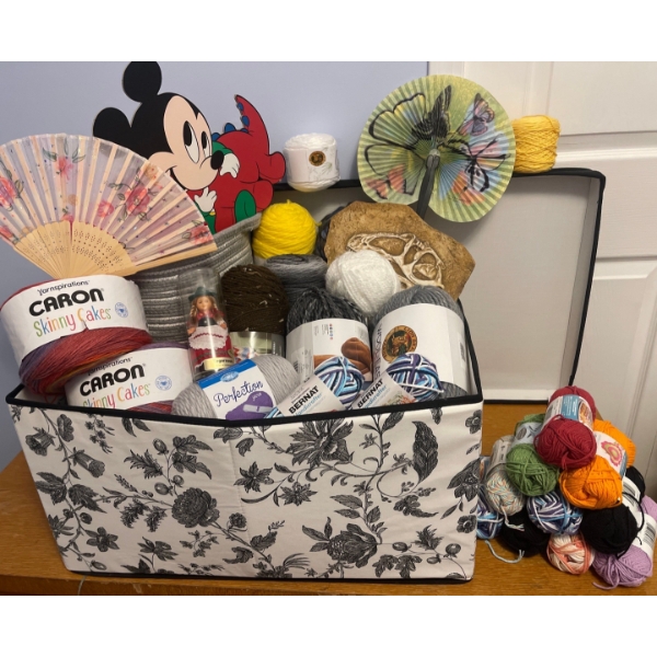 Large Basket Full Of Yard, Thread , Wool, & More!!  Mickey Mouse  Hand Fans,  Crafts, & more