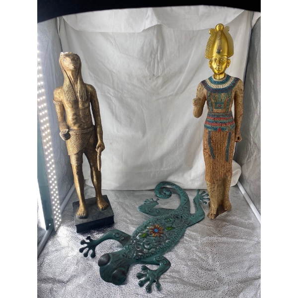 Ceramic Egyptian Decor and Tin Frog Sign