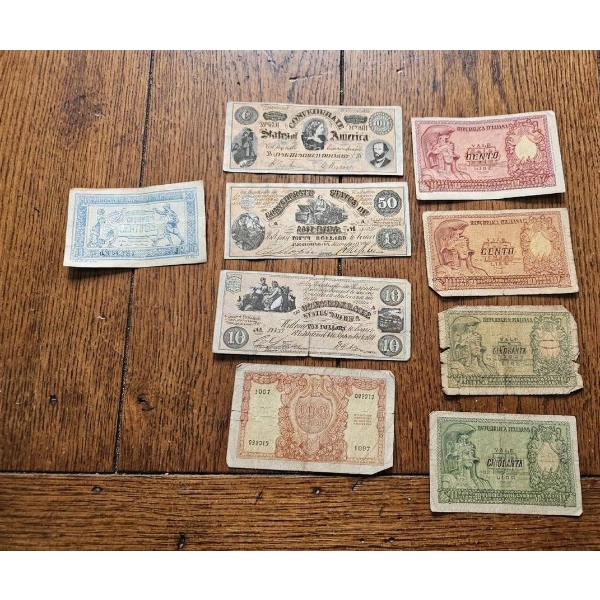 Confederate and Foreign Banknotes, Various Denominations