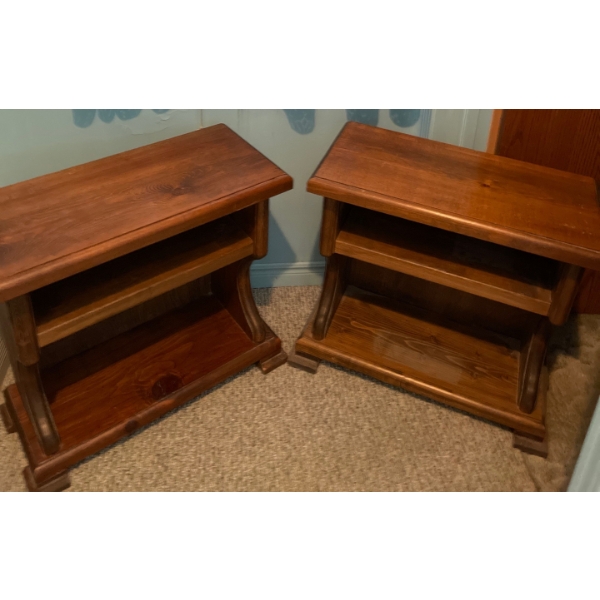 Two Well Loved Solid Wood Identical Side Tables  19"w x 15"d x 26" tall