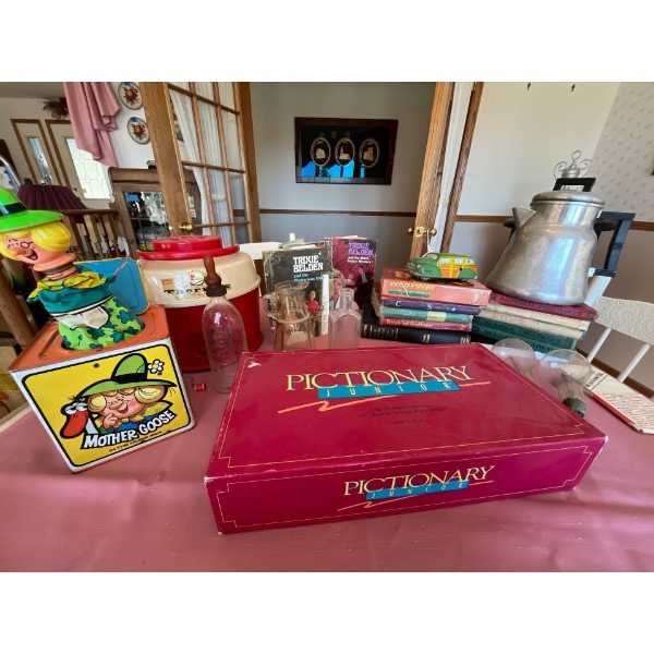 -antique Mother Goose and tin truck with a vintage Thermax, water, jug, coffee kettle, antique bottl