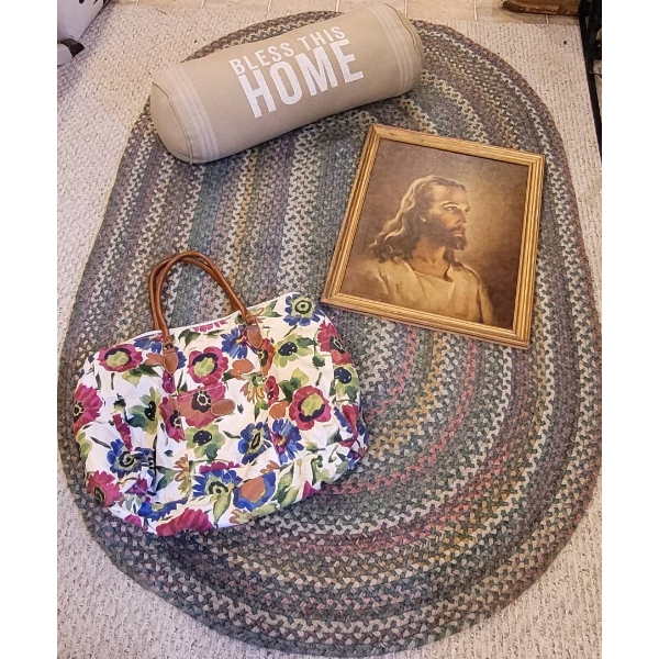 Home Decor: Braided Rug, Jesus Portrait, Floral Bag, Pillow