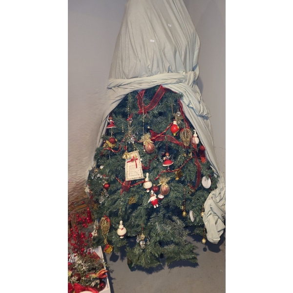 Fully Decorated Holiday Tree w/ Lights approx: 82 Tall and Holiday Wooden Box 15 W, 11 D, 8 T