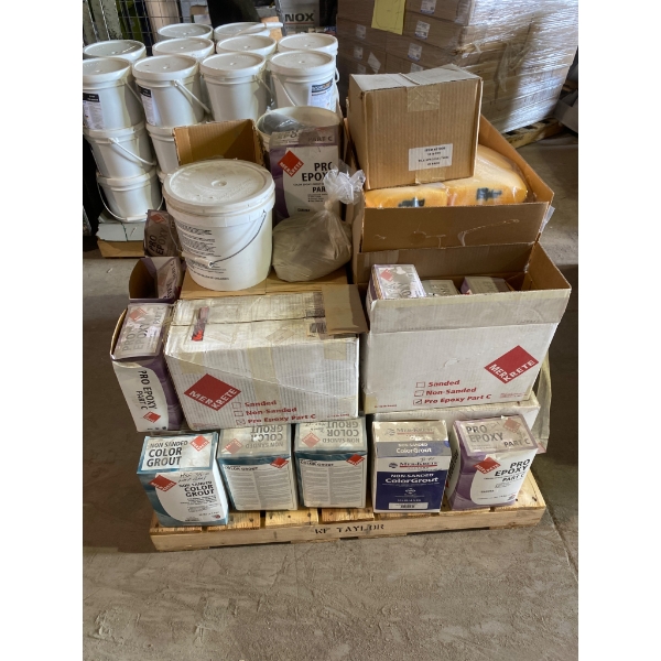 Pallet of Merkrete Grout, Tile Spacers, and Supplies