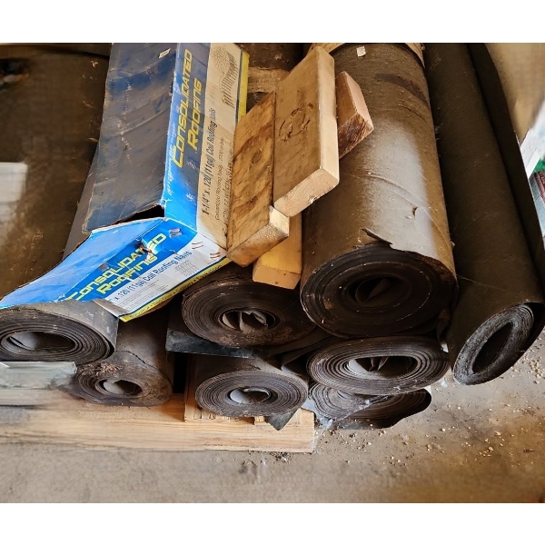Roofing PF-403 Rolls X 8, Small Quantity of Shingles, Buckets w/ Nails and Board Clips