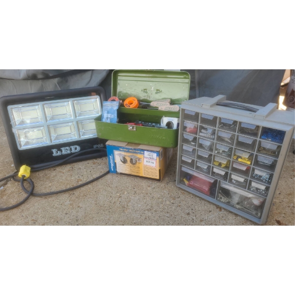 200W LED Flood Light, Union Tool Box with Plumbing Tools