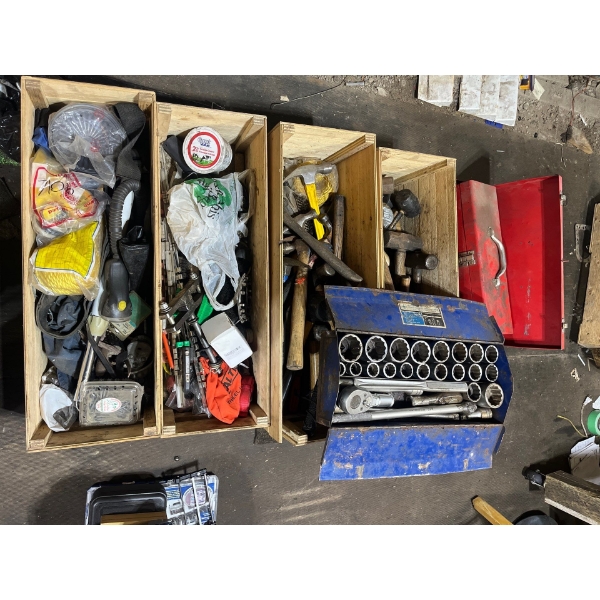  Wooden crates X4 full of miscellaneous tools, blue toolbox with large socket set and 2 red toolboxe