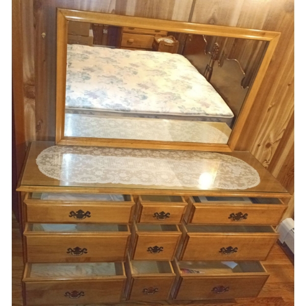Nine Drawer  Solid Wood Dresser With Mirror  57" x 19" x 60"tall Walnut Wood Bedroom Beaueaux