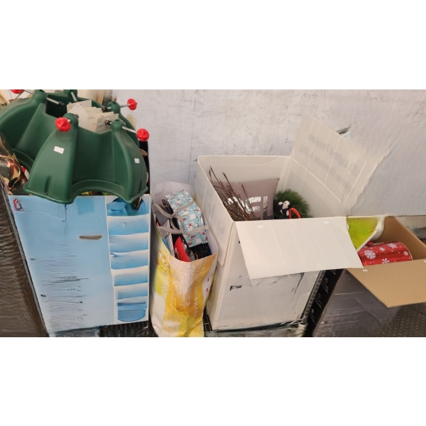 Several Boxes w/ Holiday Decor, Gift Wrap, Tins, Tree Stand