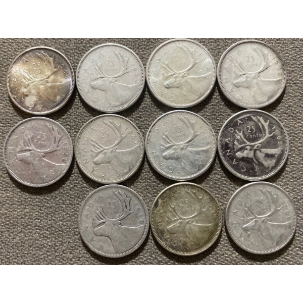 Canadian 25-cent Pieces 80% Silver 64.13 Grams