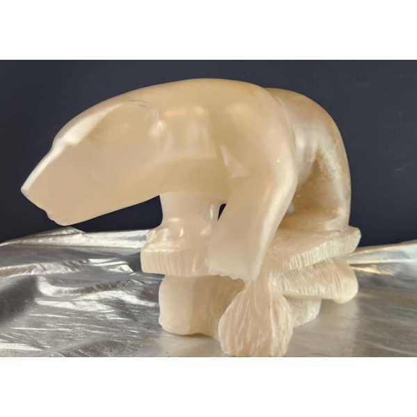 Hand-Carved Bear Sculpture in Quartz-Like Stone, 23" x 14", Over 50 lbs- Artist Signed