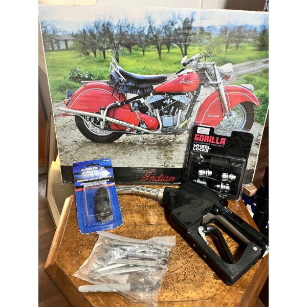  Indian motorcycles picture. Gas pump handle, mini wrenches, gorilla wheel locks, and outboard ignit